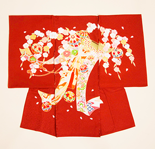 赤地　几帳に毬と花文様